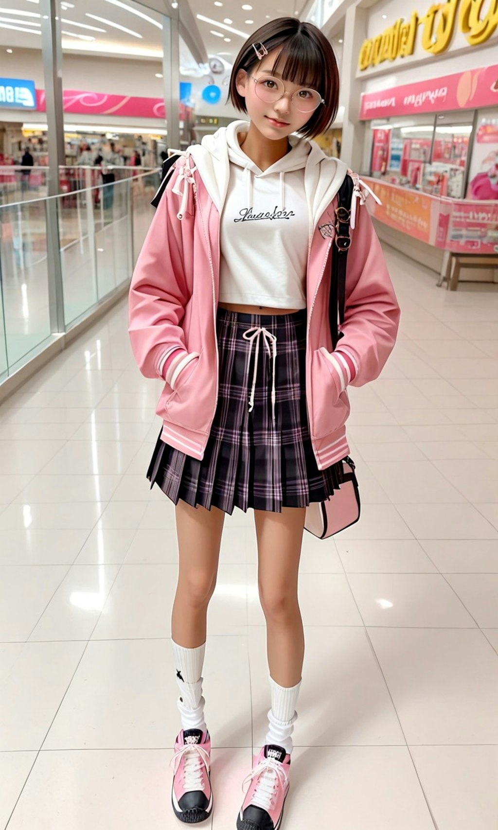 買い物中の丸メガネ少女