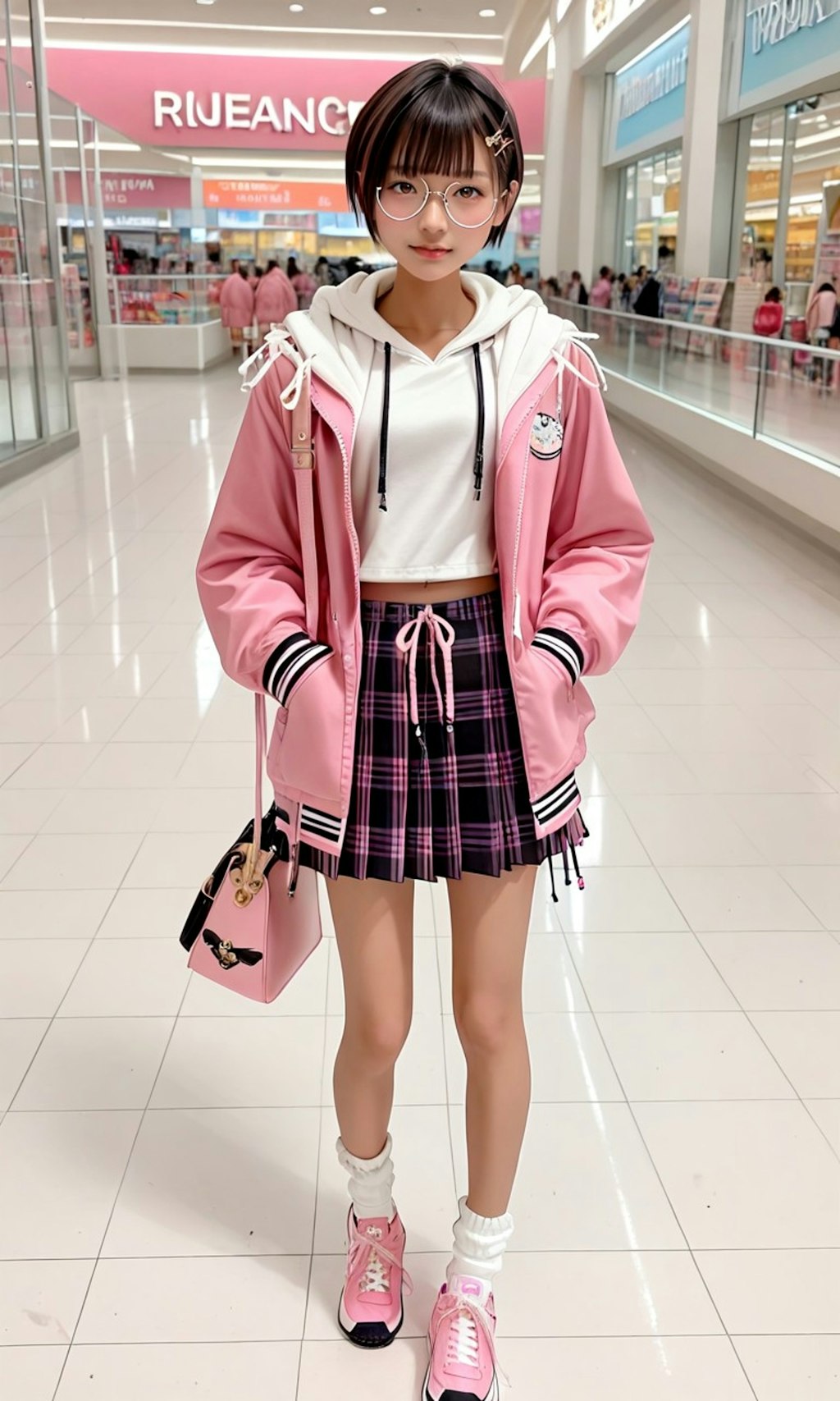 買い物中の丸メガネ少女