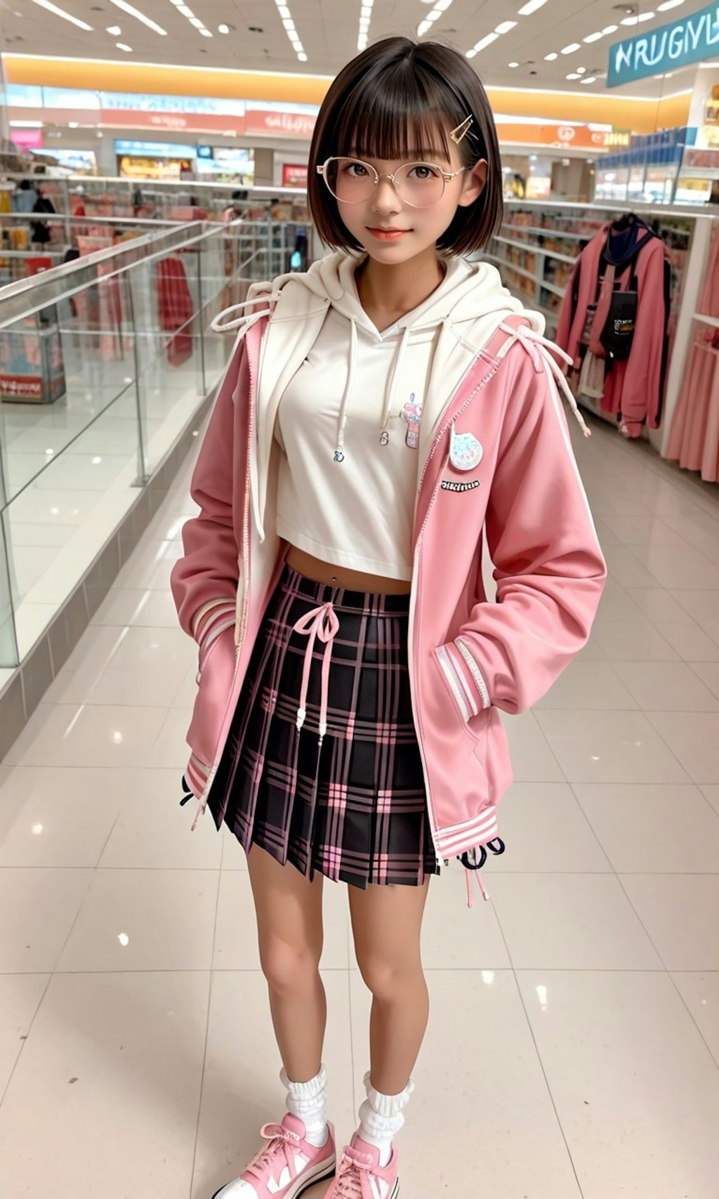 買い物中の丸メガネ少女
