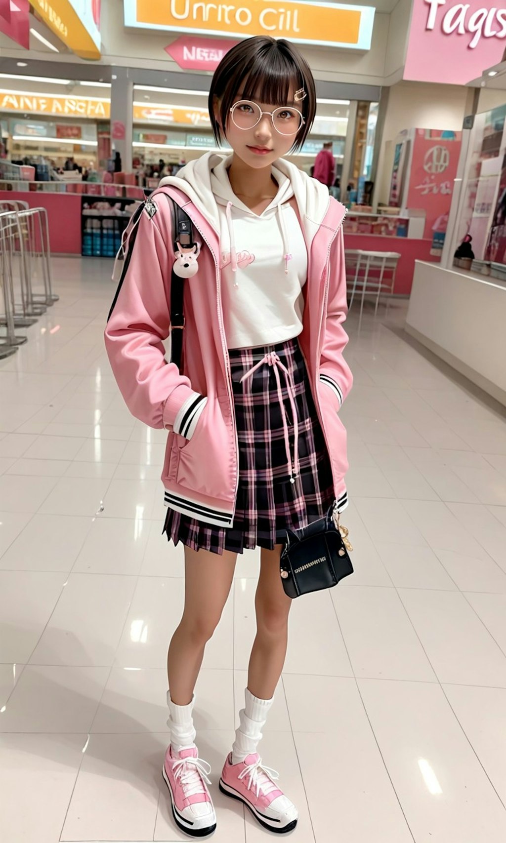 買い物中の丸メガネ少女