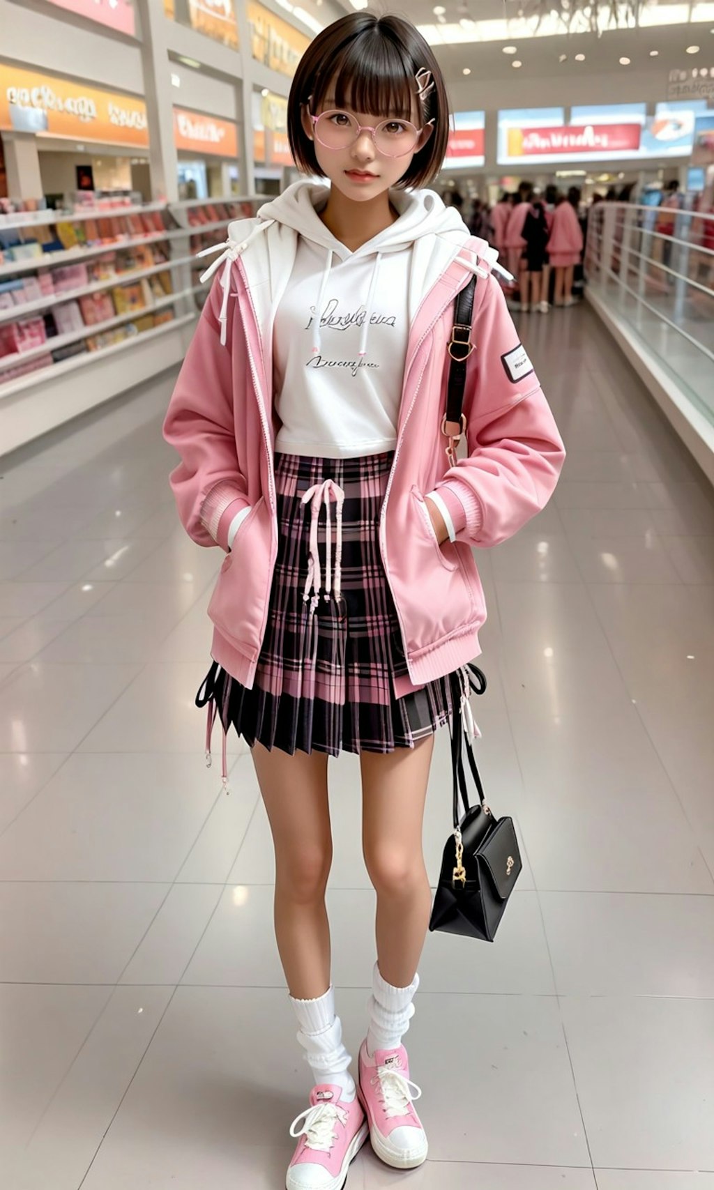 買い物中の丸メガネ少女