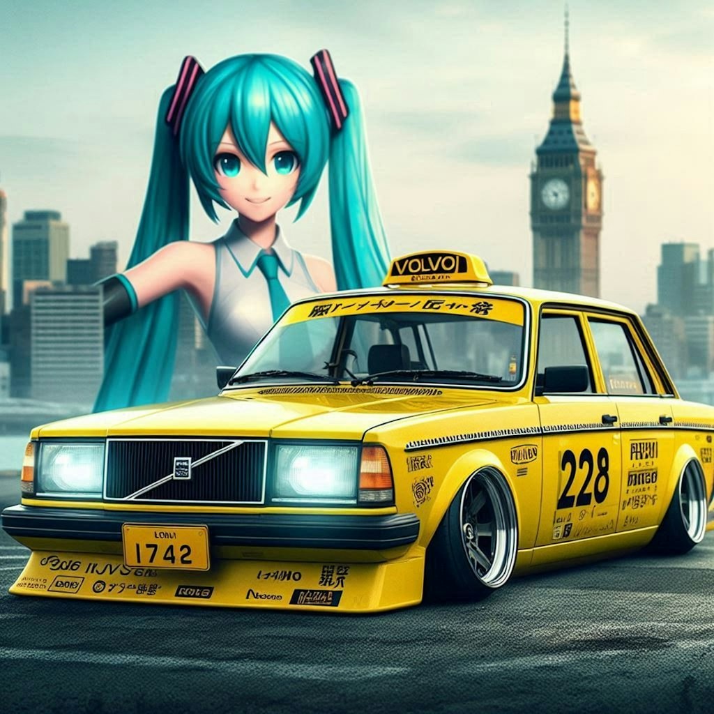 ボルボ240イエロータクシーのドリ車と初音ミク