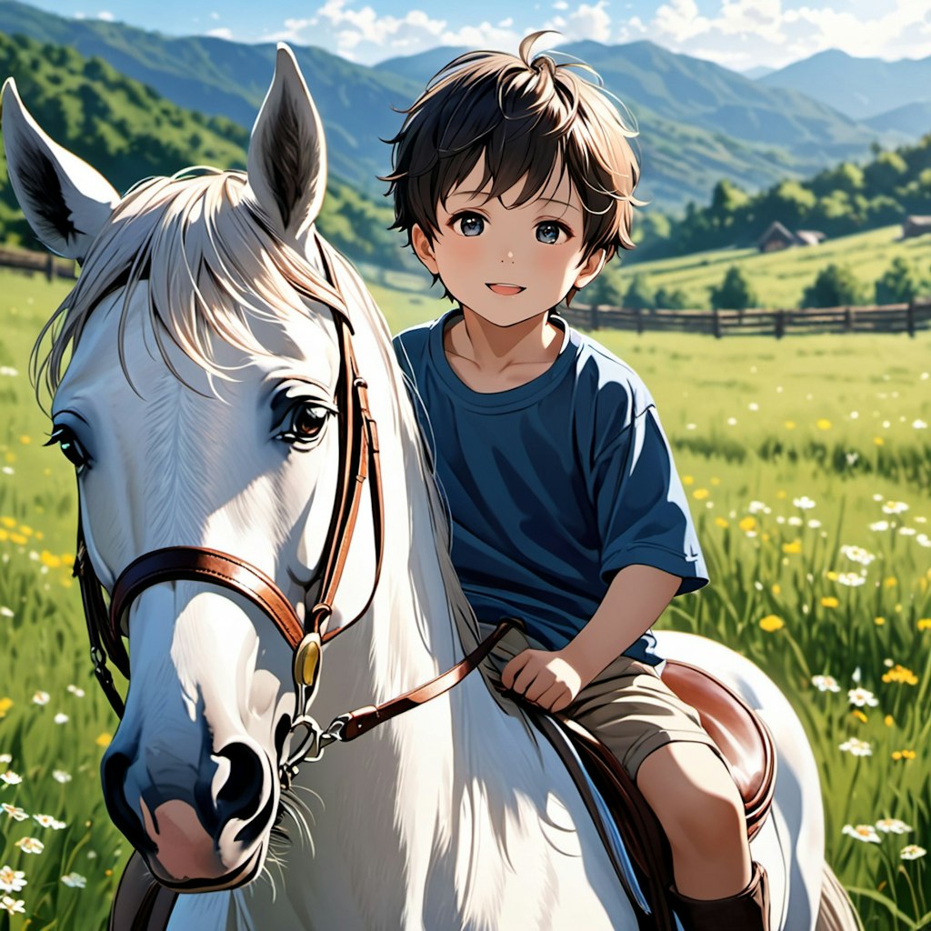 少年が高原で乗馬