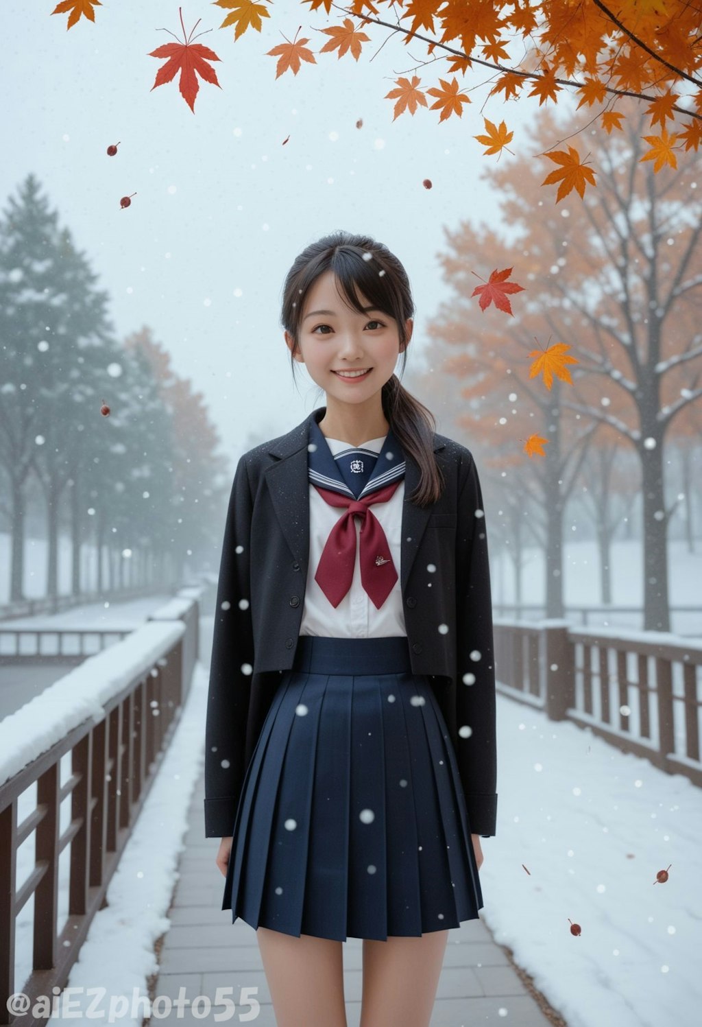 突然の　雪降る中で　紅葉狩り3