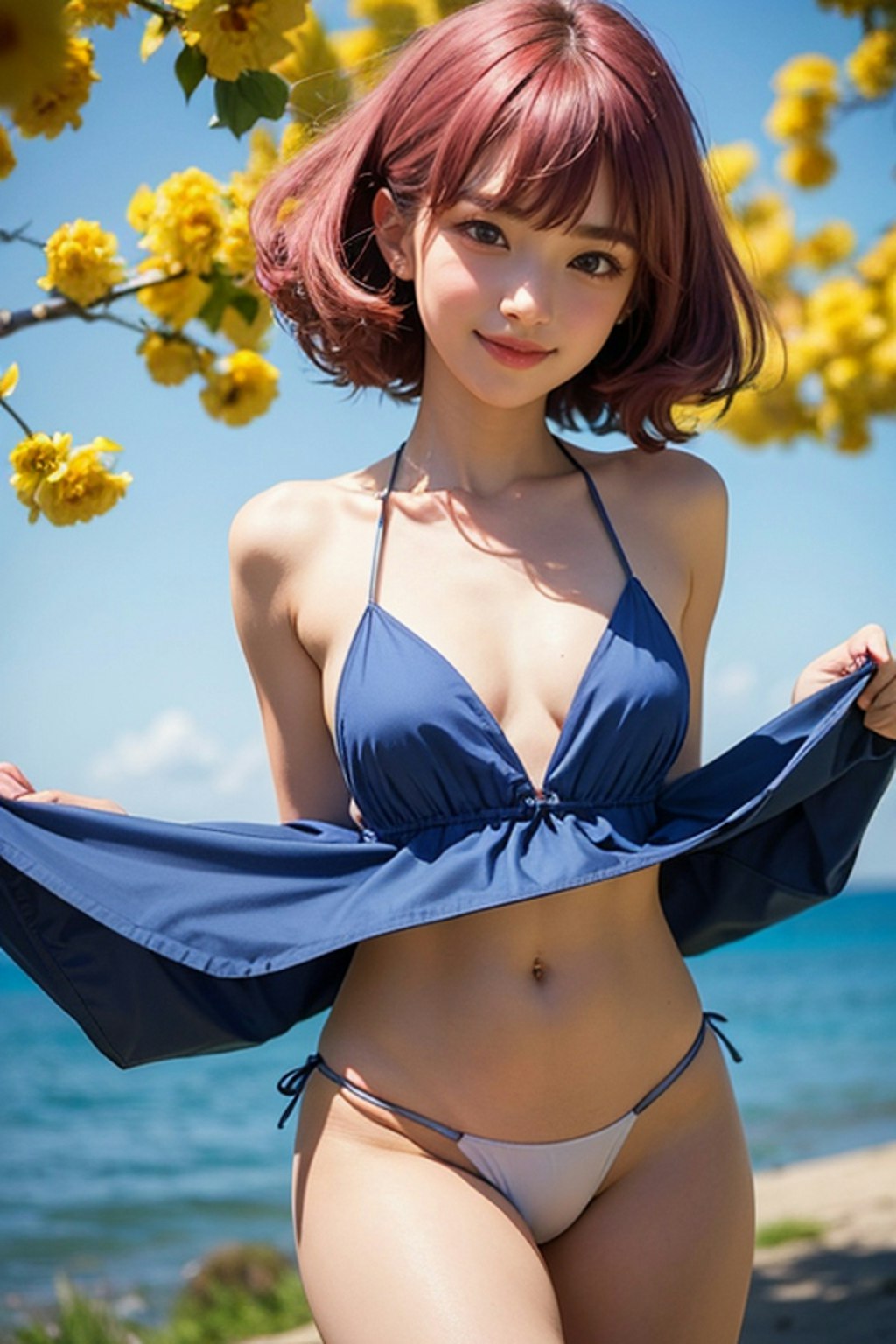 青のドレスと黄色の花びら