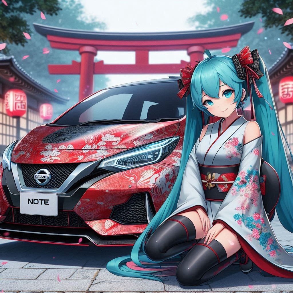 日産ノートと着物姿初音ミク