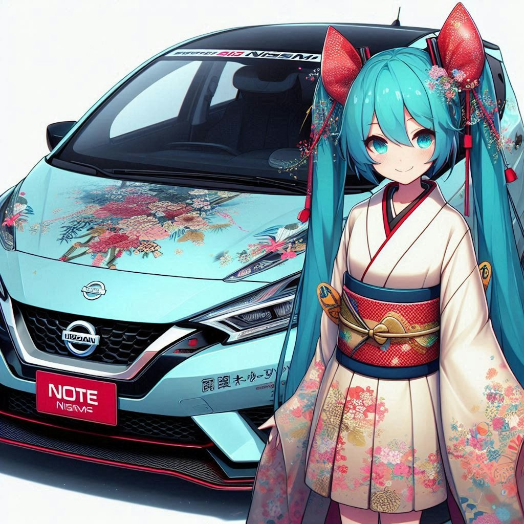 日産ノートと着物姿初音ミク