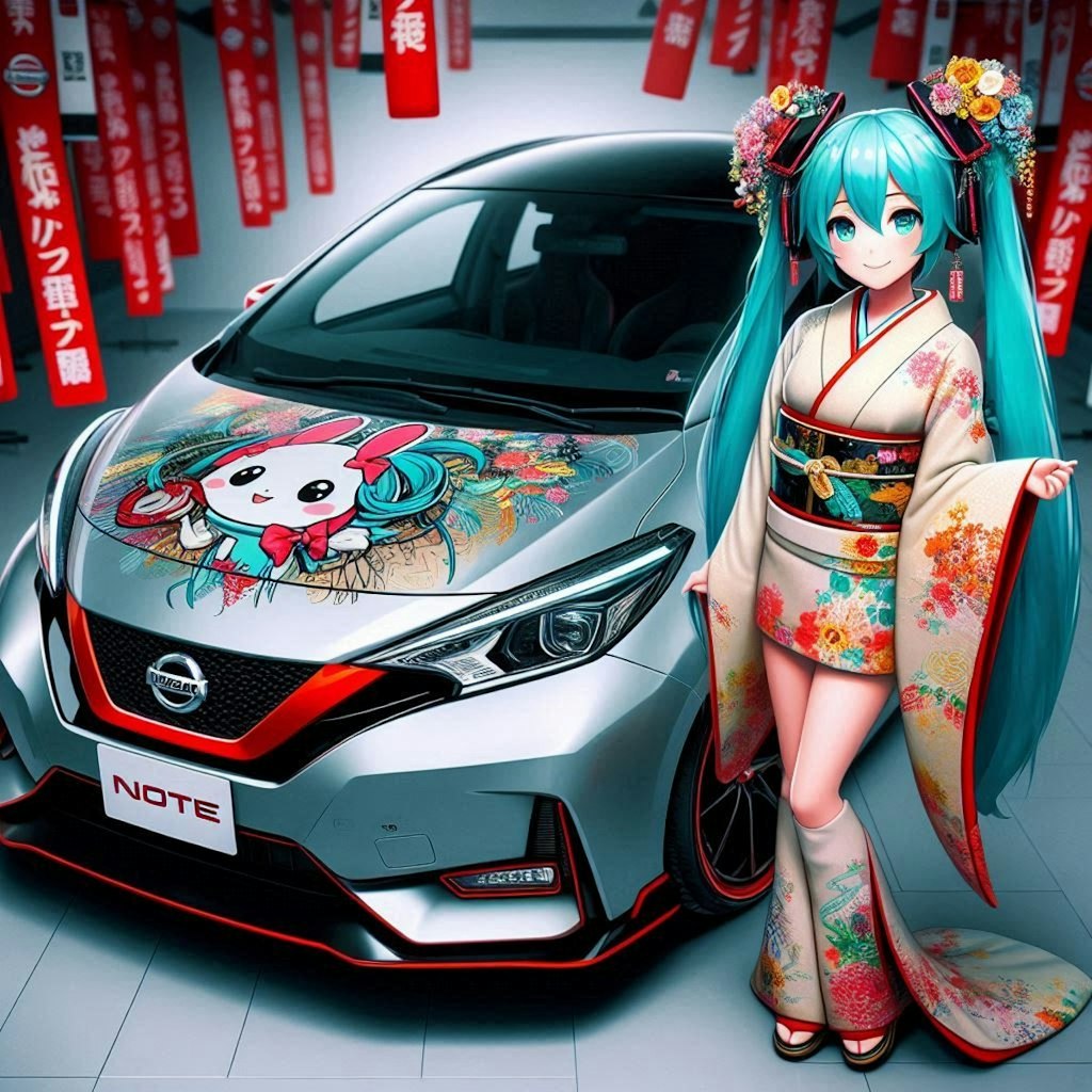 日産ノートと着物姿初音ミク