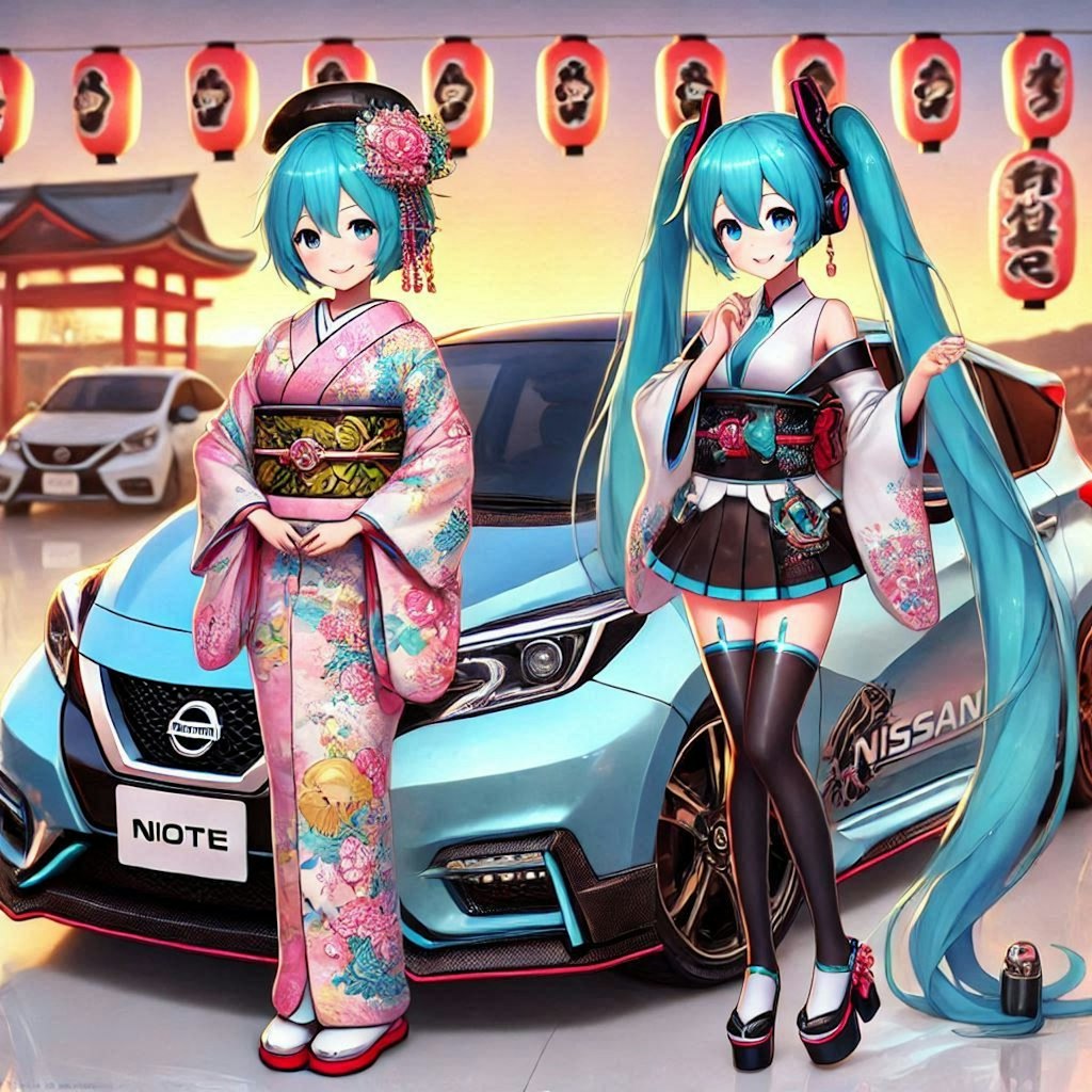 日産ノートと着物姿初音ミク