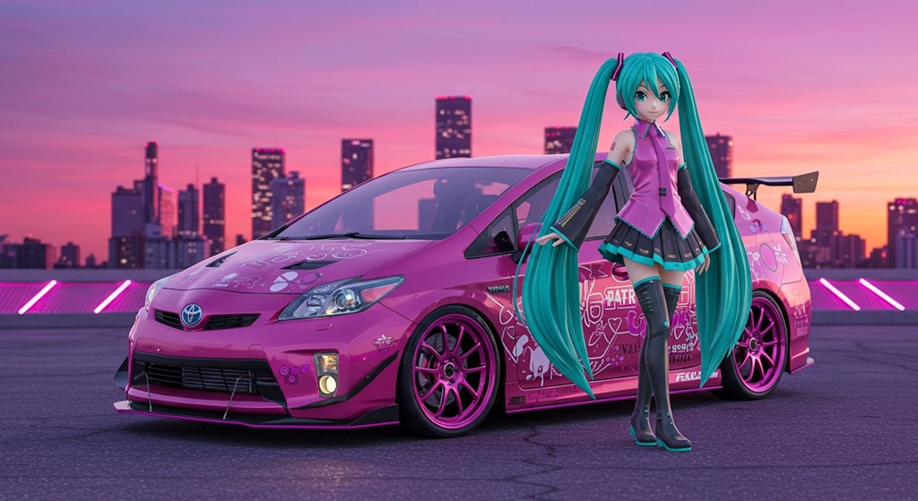初音ミクとピンクプリウス