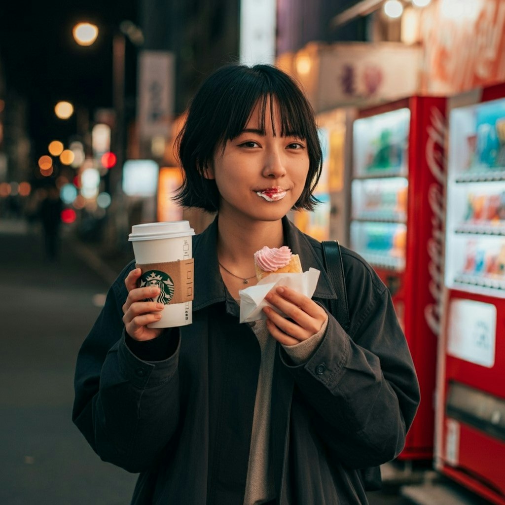 スタバの見ながらドーナツとかパンを食べる女性