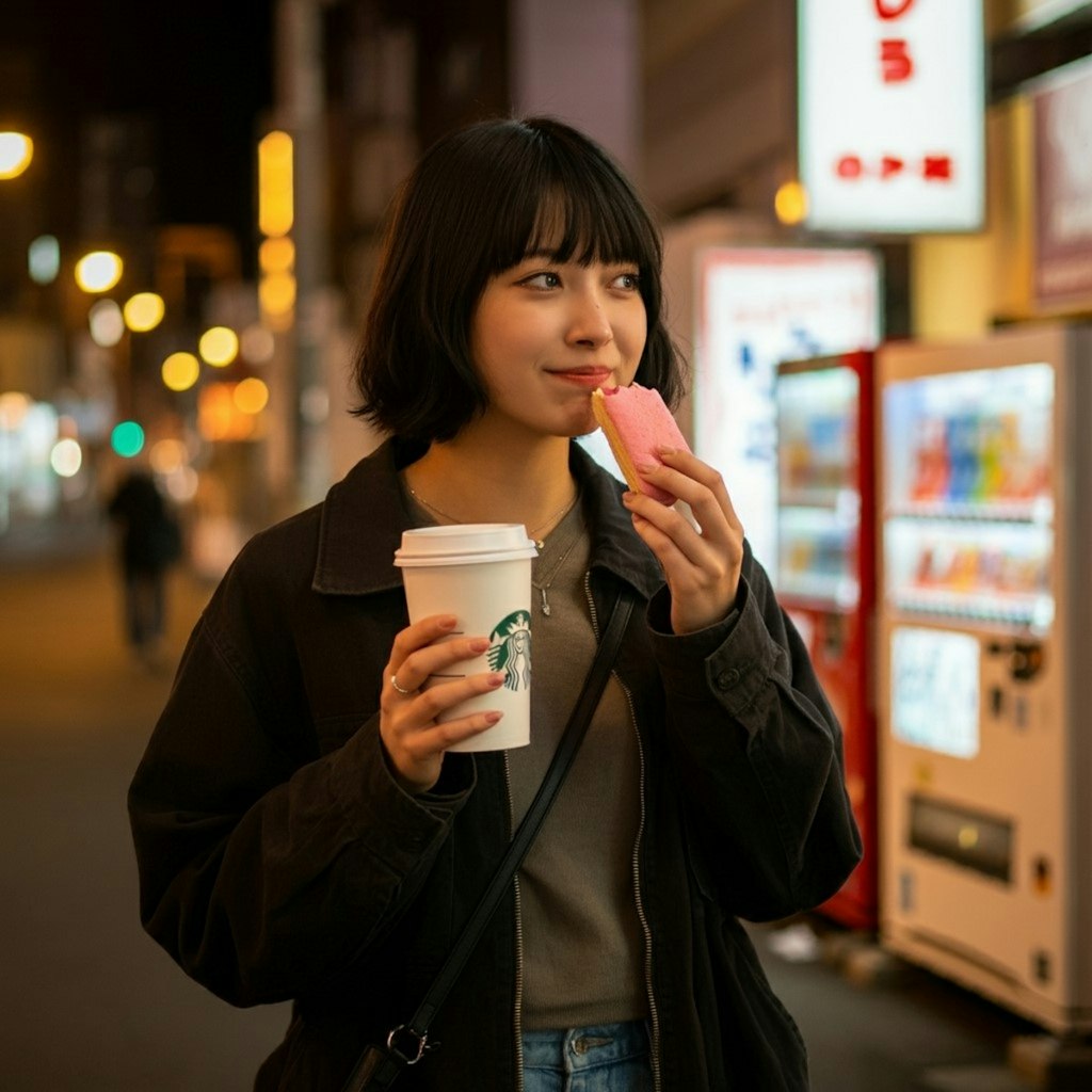 スタバの見ながらドーナツとかパンを食べる女性