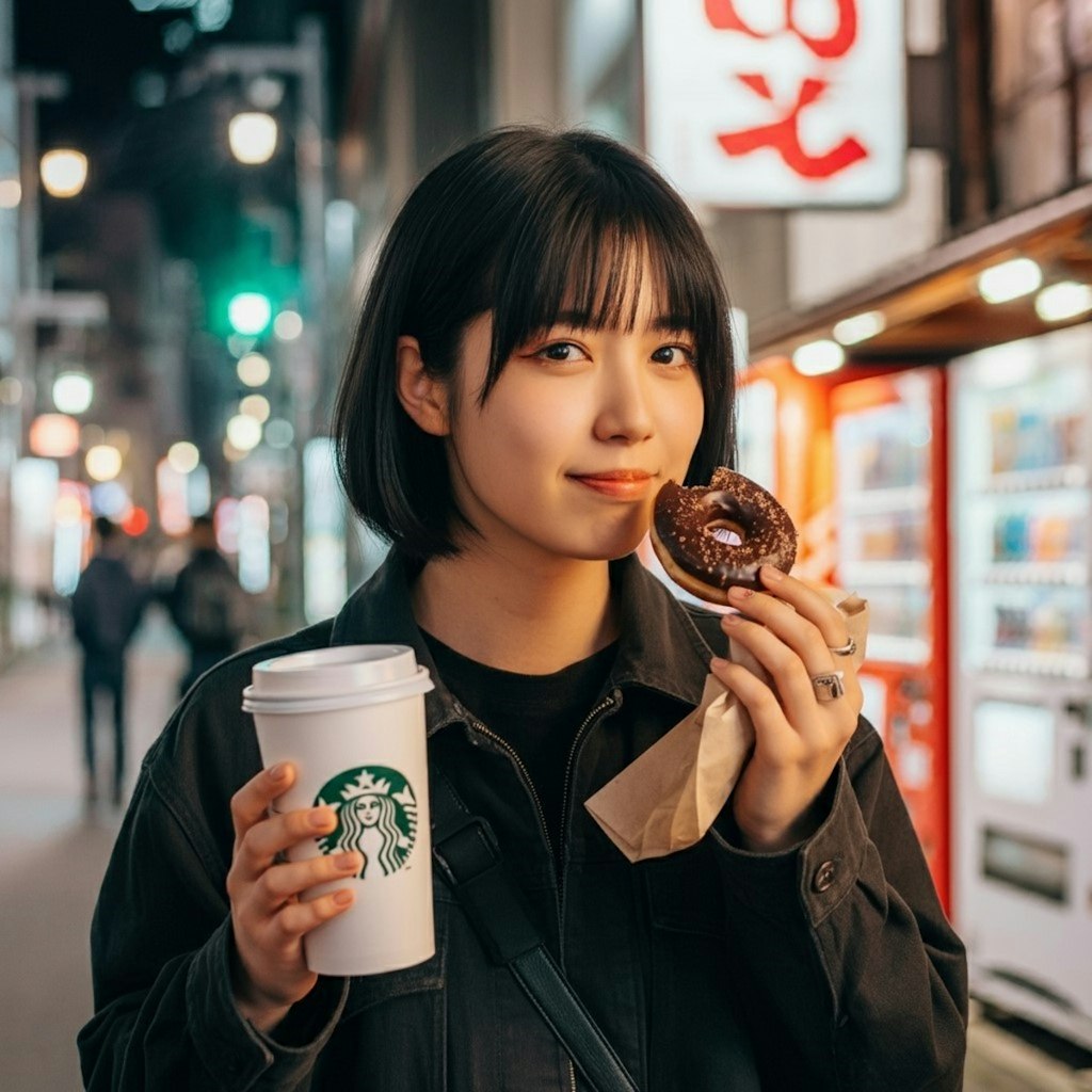 スタバの見ながらドーナツとかパンを食べる女性