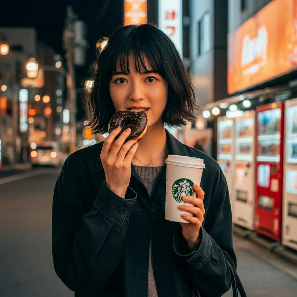 スタバの見ながらドーナツとかパンを食べる女性