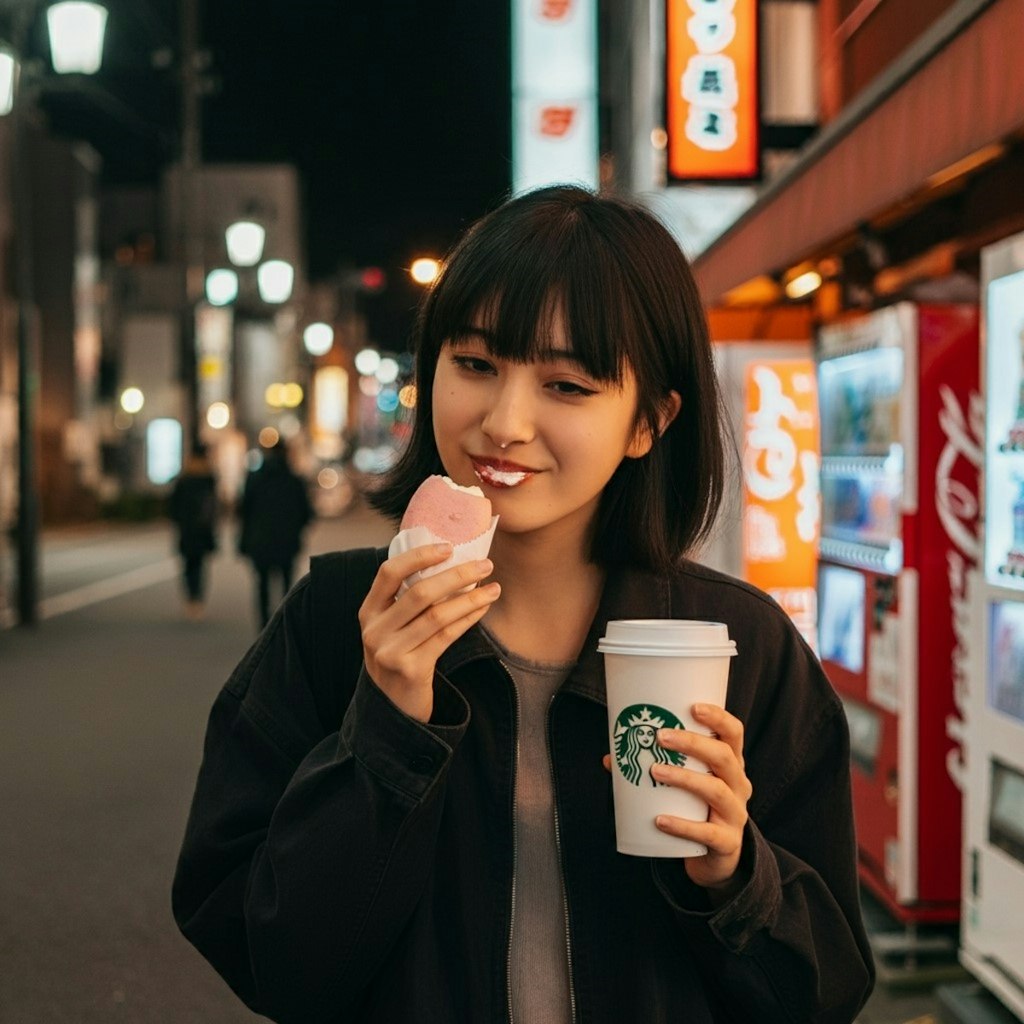 スタバの見ながらドーナツとかパンを食べる女性