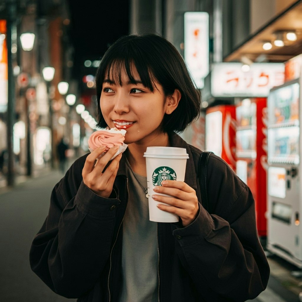 スタバの見ながらドーナツとかパンを食べる女性