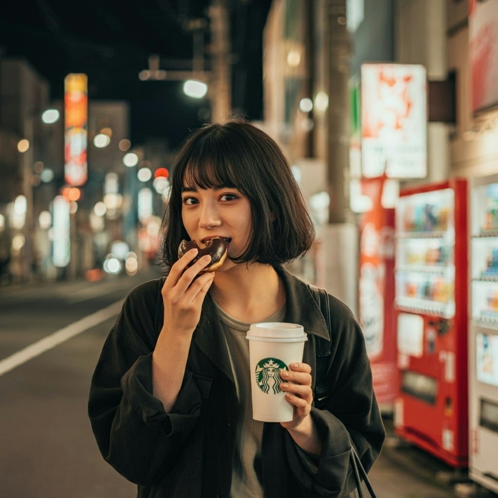 スタバの見ながらドーナツとかパンを食べる女性