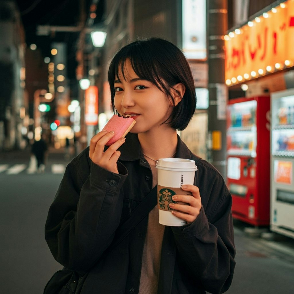 スタバの見ながらドーナツとかパンを食べる女性