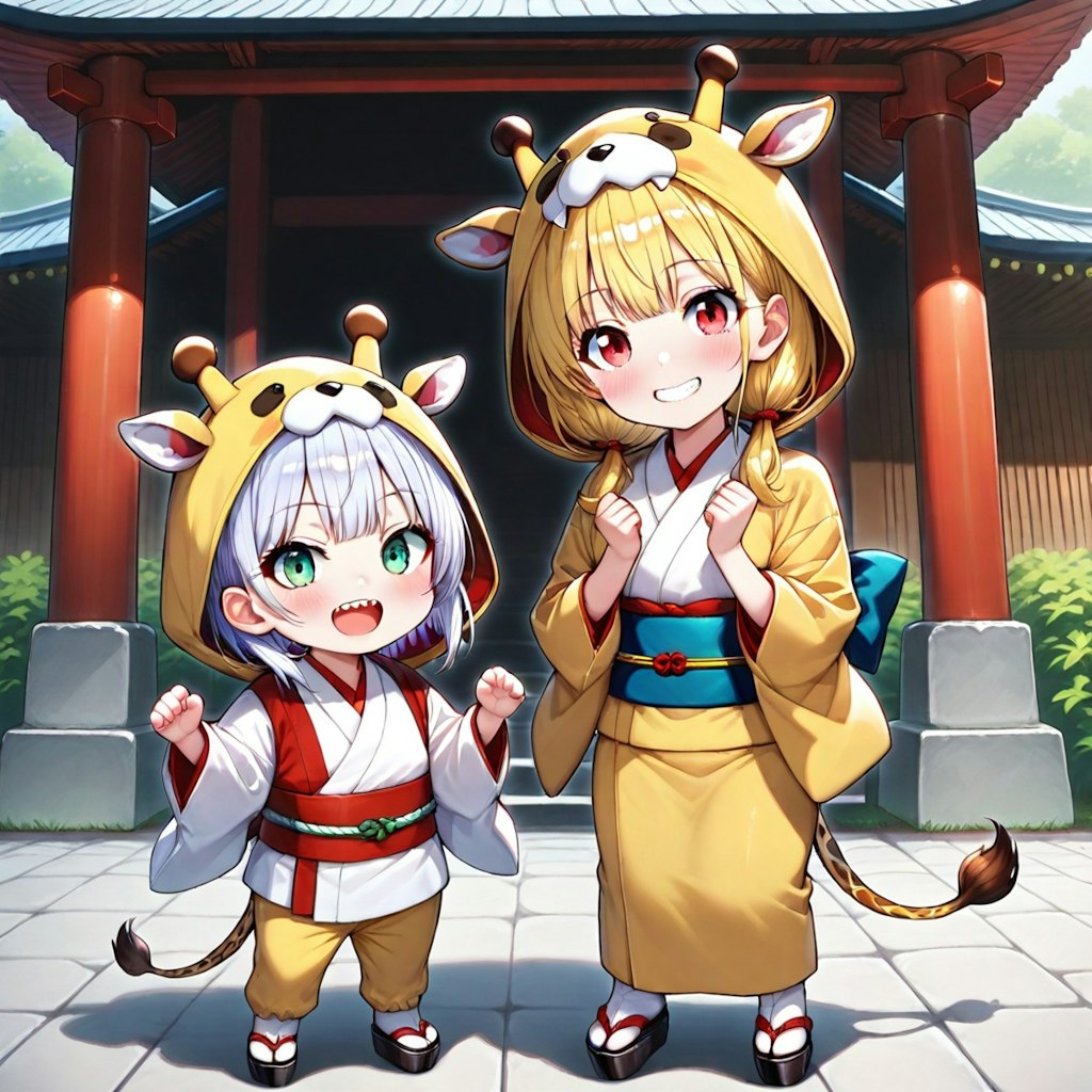 神社と着ぐるみちび子ちゃん