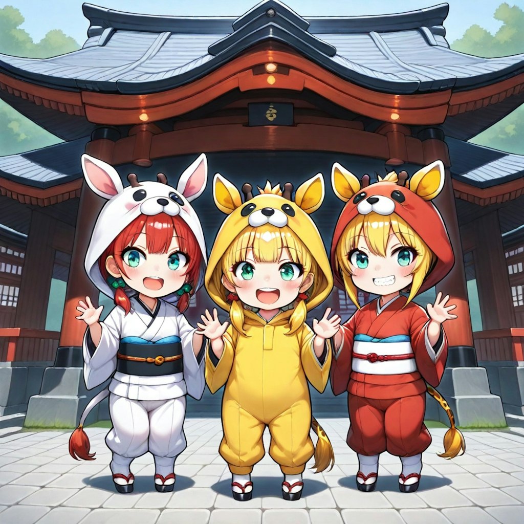 神社と着ぐるみちび子ちゃん