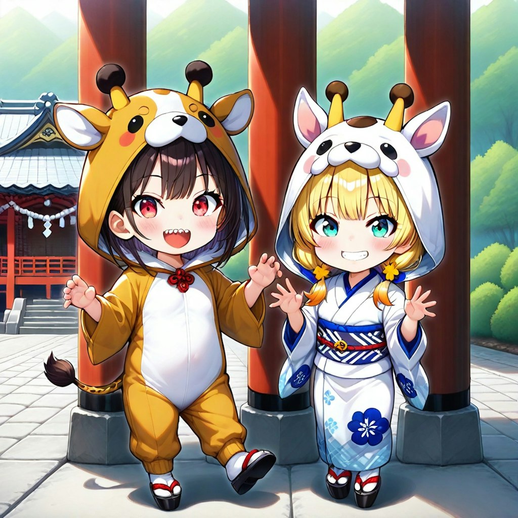 神社と着ぐるみちび子ちゃん