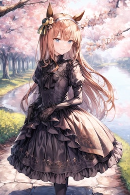 桜と黒ドレス