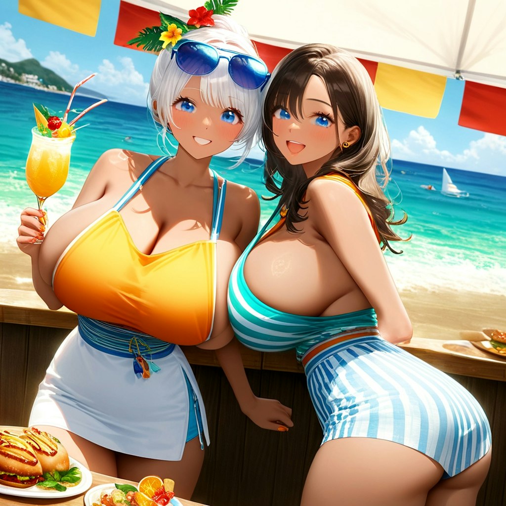 夏の爆乳美少女コンビ