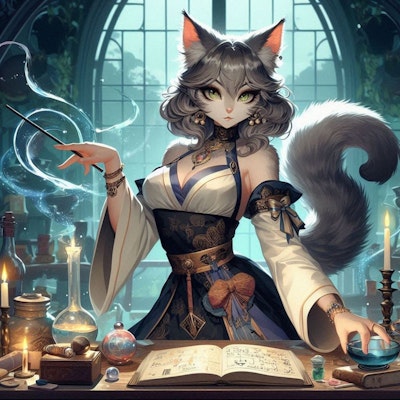 ファンタジー風 魔法学園のノースリーブシャツ女教師猫