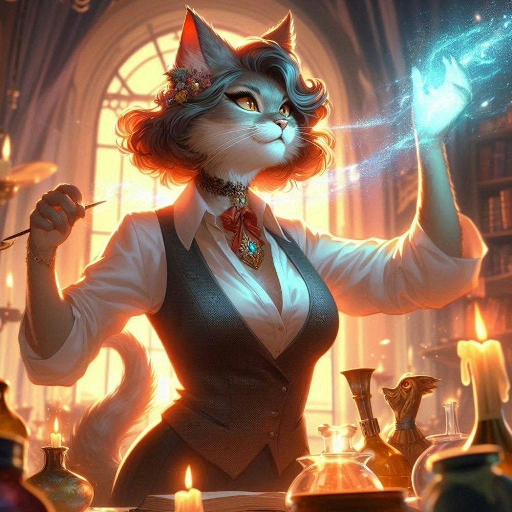 ファンタジー風 魔法学園のノースリーブシャツ女教師猫