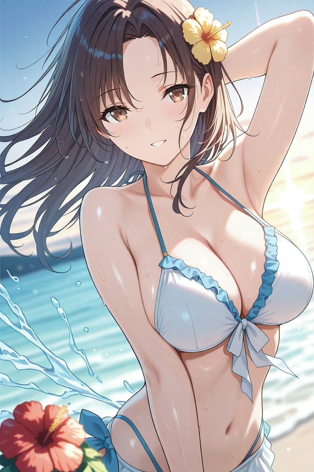 セミロングのホワイトビキニ美女
