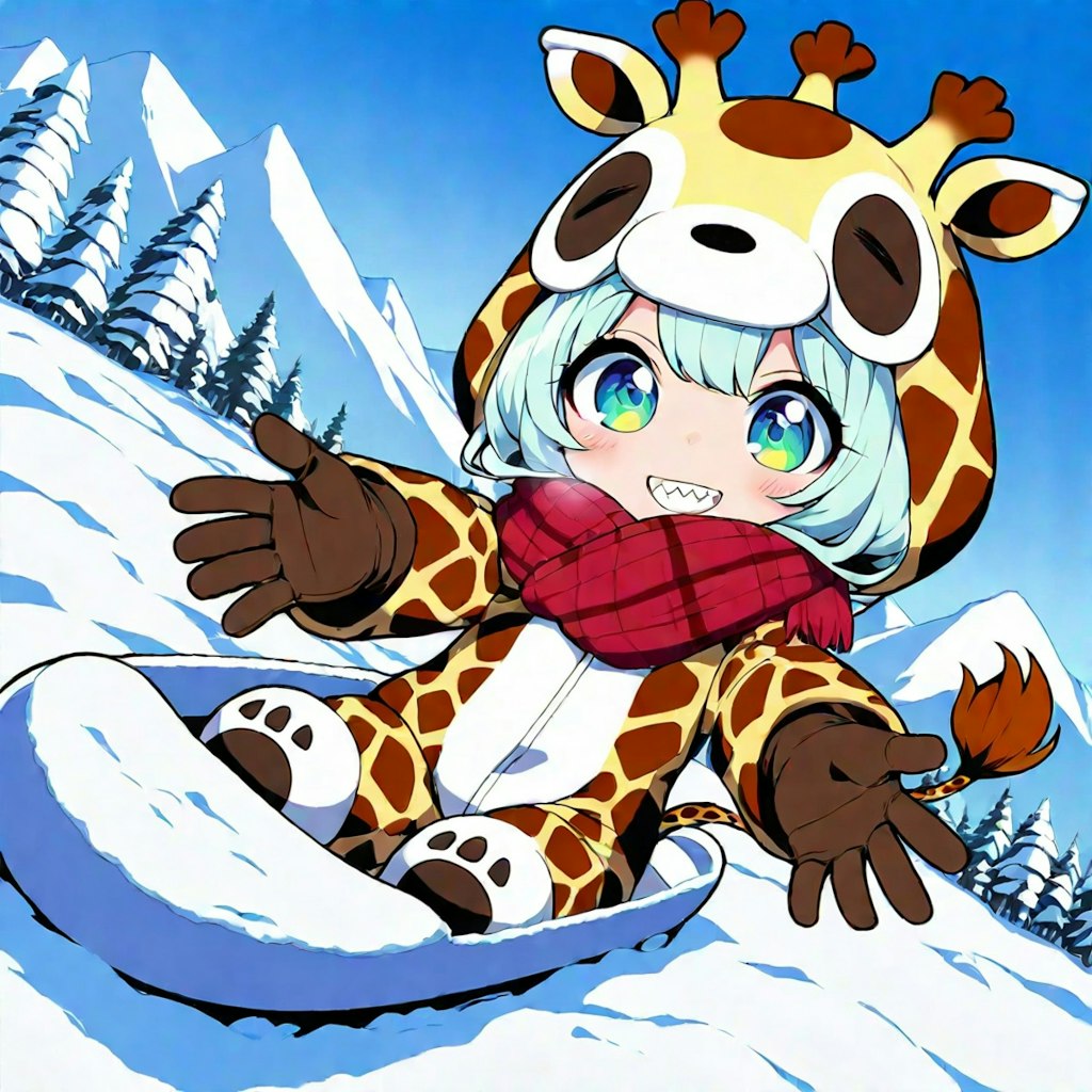 雪ソリとキリン着ぐるみちび子ちゃん