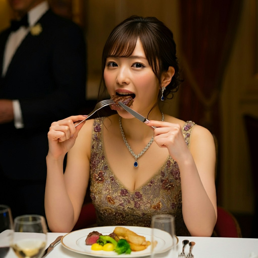 ステーキを食べる女性