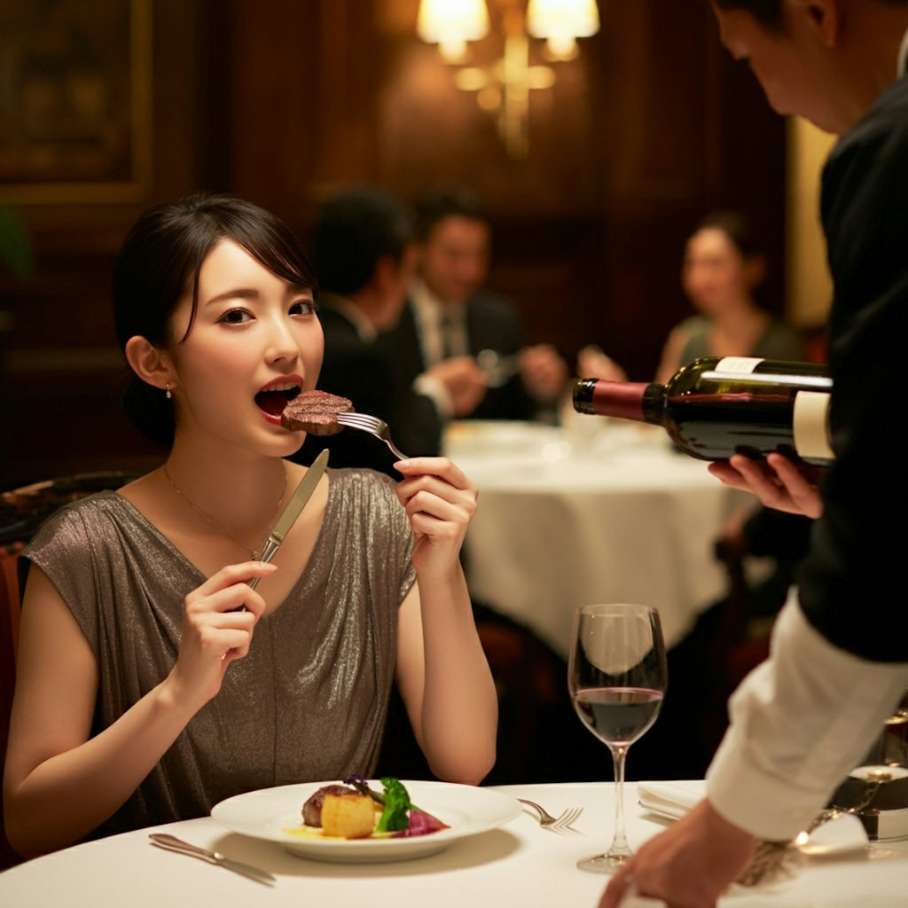 ステーキを食べる女性