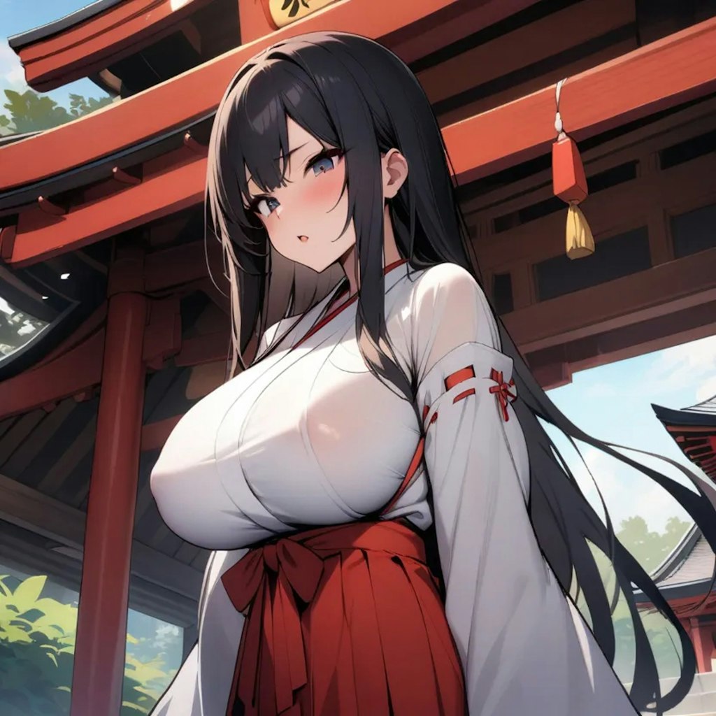 神社の巨乳淫乱お姉さん