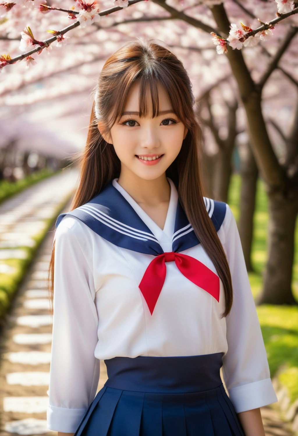桜並木とセーラー服 | chichi-pui（ちちぷい）AIグラビア・AIフォト 