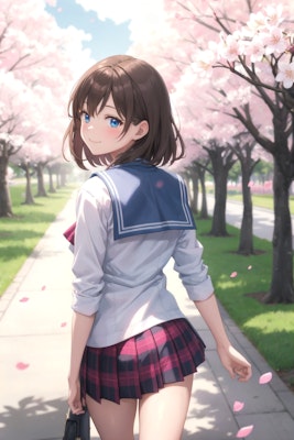 満開の桜と登校