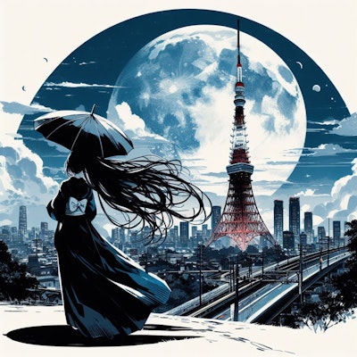月に映える東京と黒髪の女性