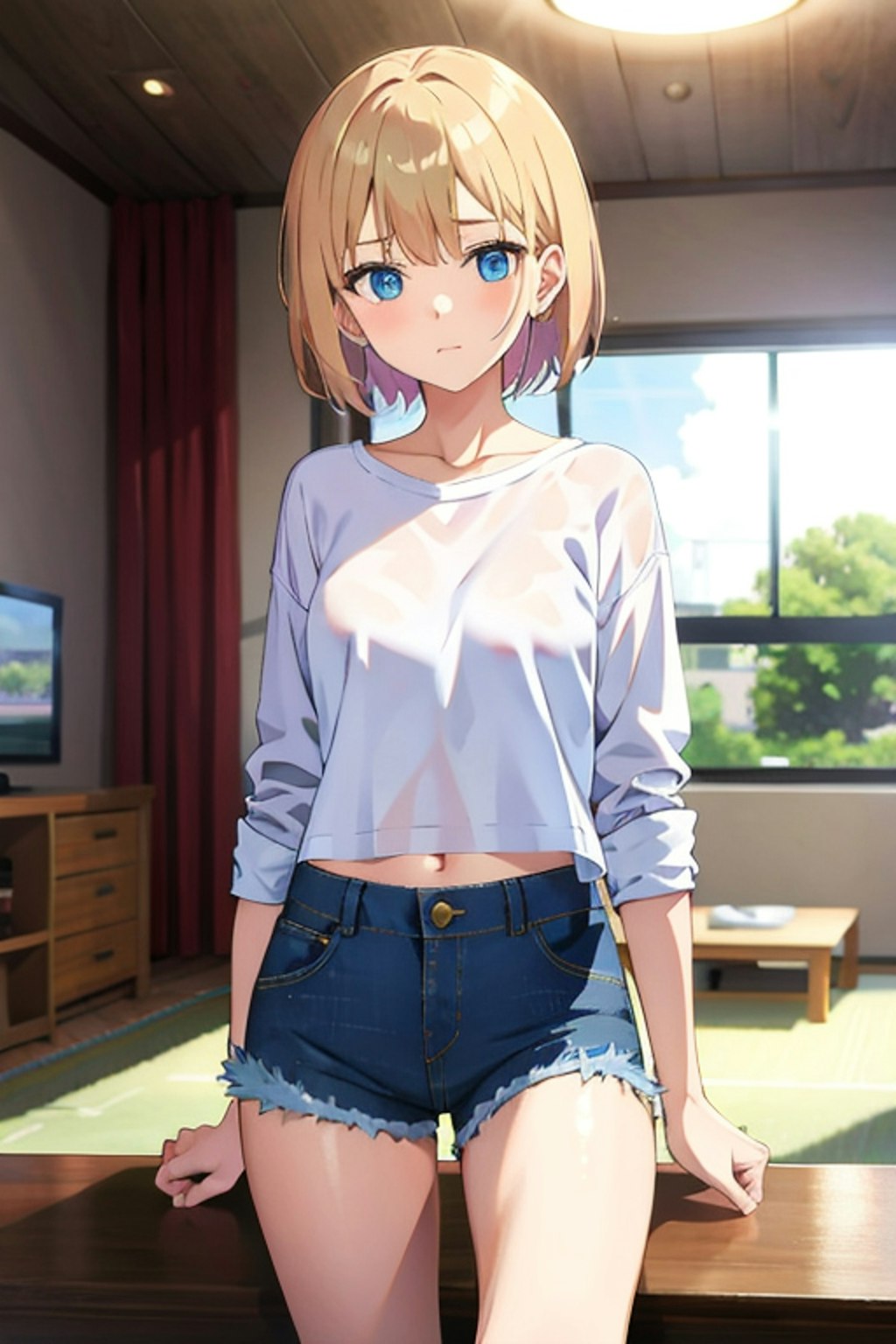 デニムショートパンツ履いたノースリーブの格好の女の子を生成したはずが・・・