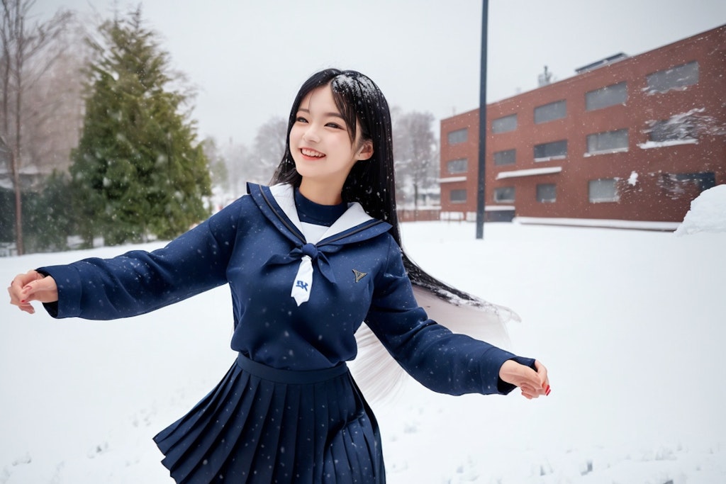 p097 3/3 雪が降る街中で楽しそうに踊る女の子