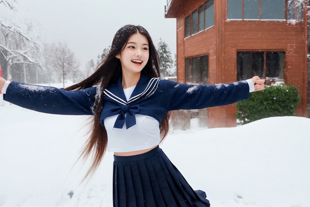 p097 3/3 雪が降る街中で楽しそうに踊る女の子