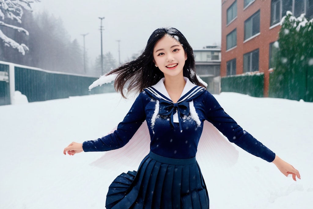 p097 3/3 雪が降る街中で楽しそうに踊る女の子