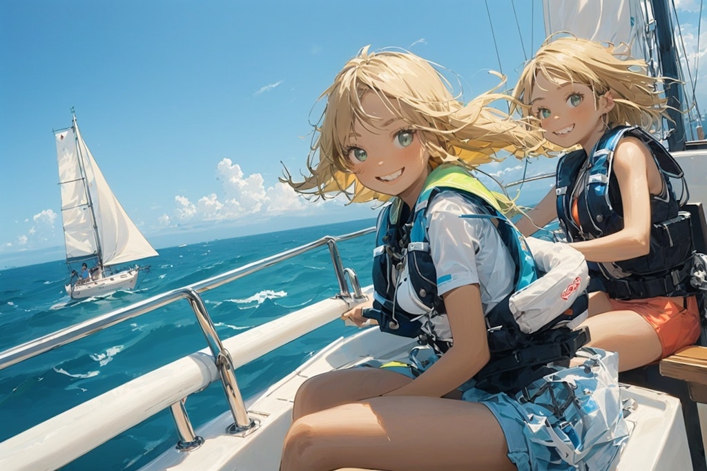 夏休み、小型ヨットの操船を楽しむ少女たち
