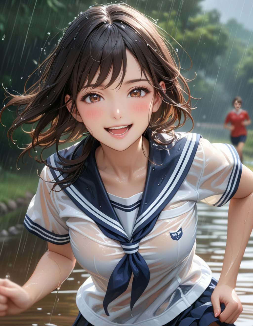 雨の中を走る少女