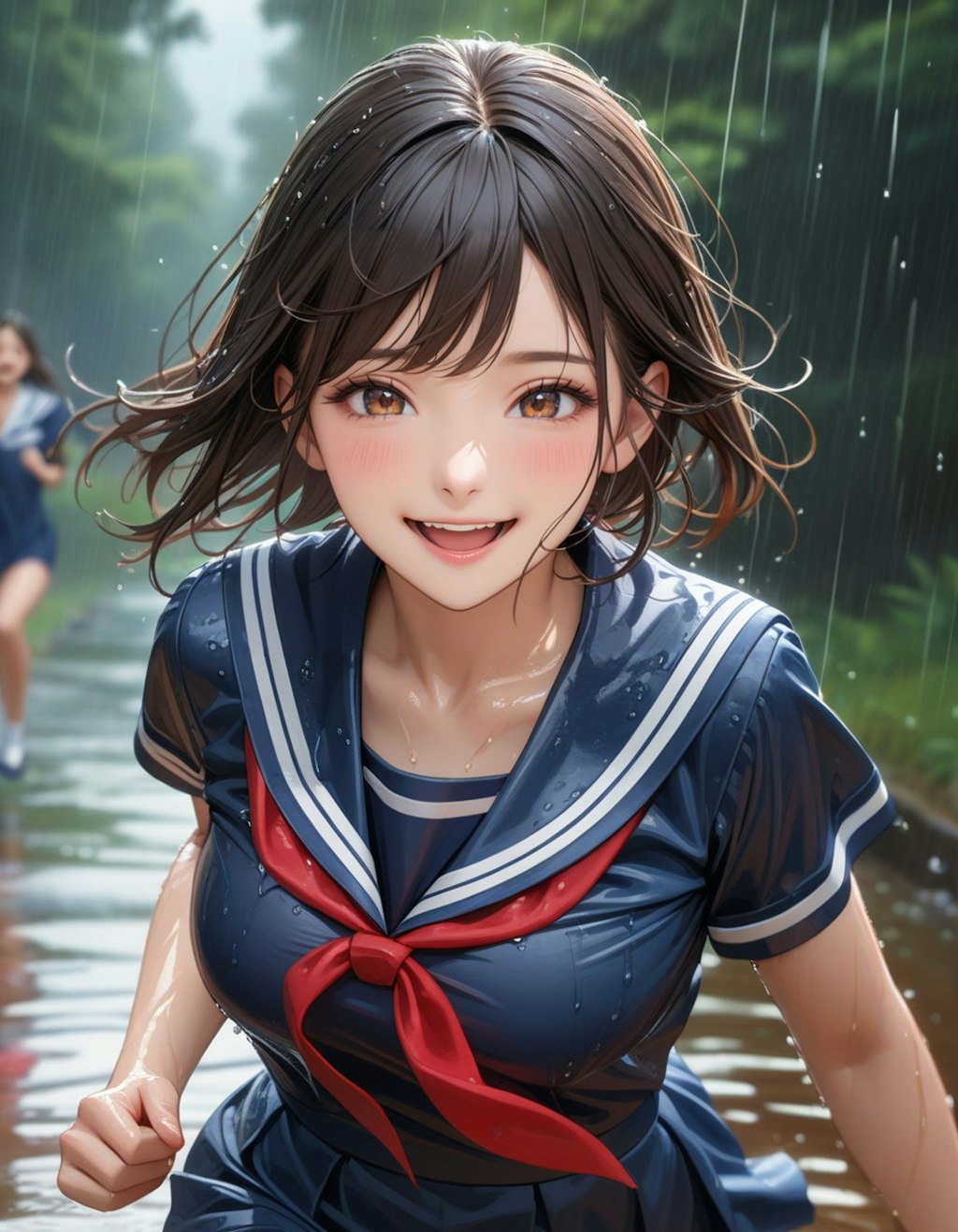 雨の中を走る少女