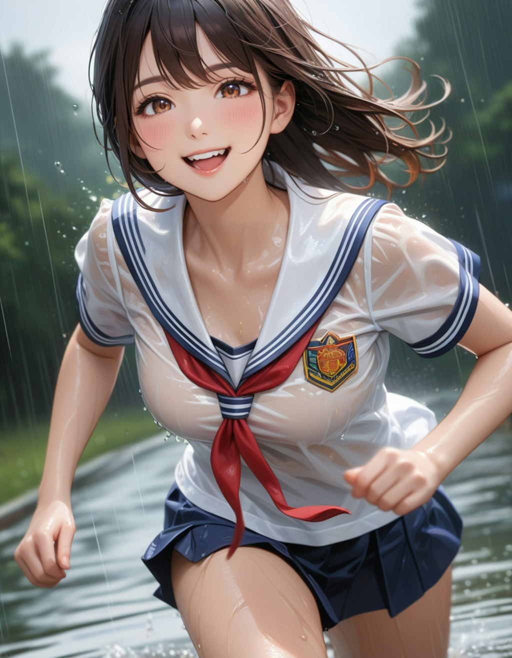 雨の中を走る少女