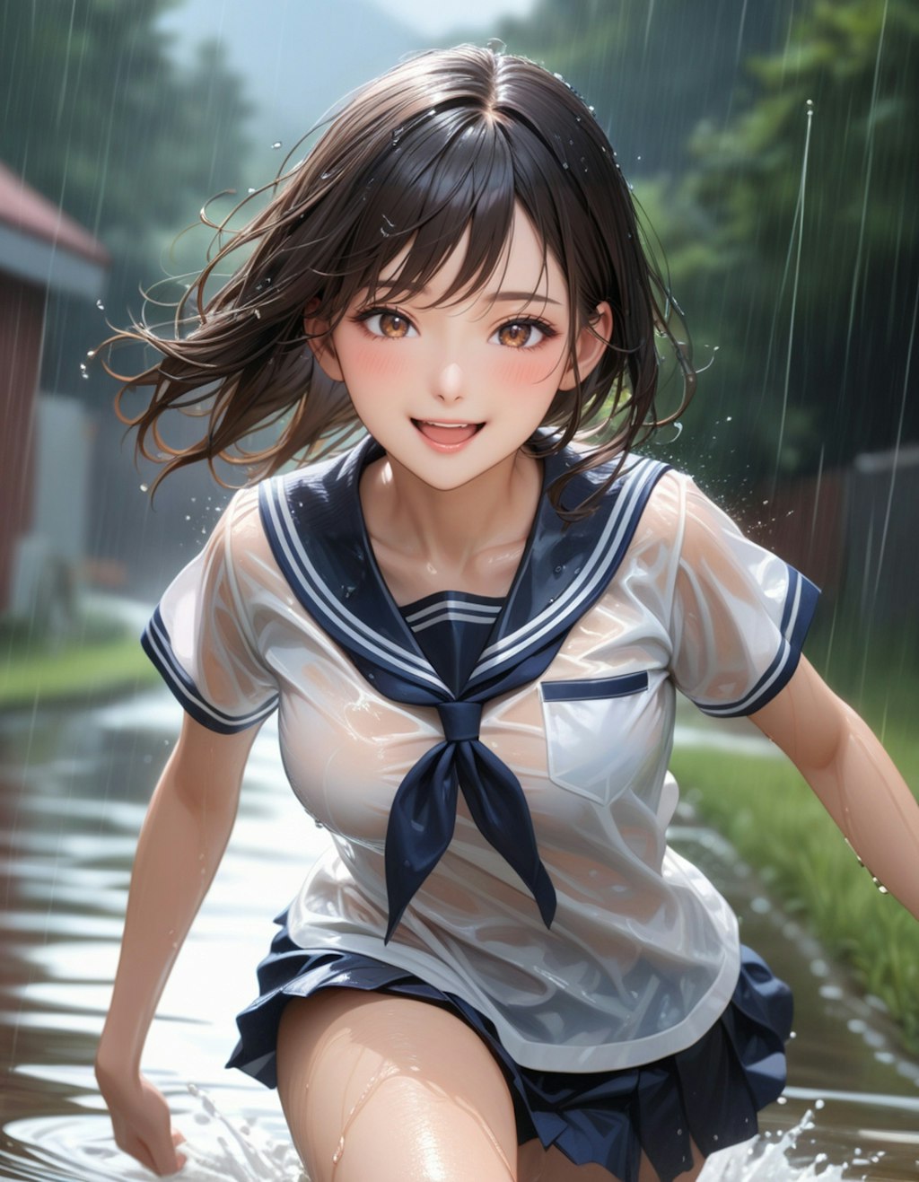 雨の中を走る少女