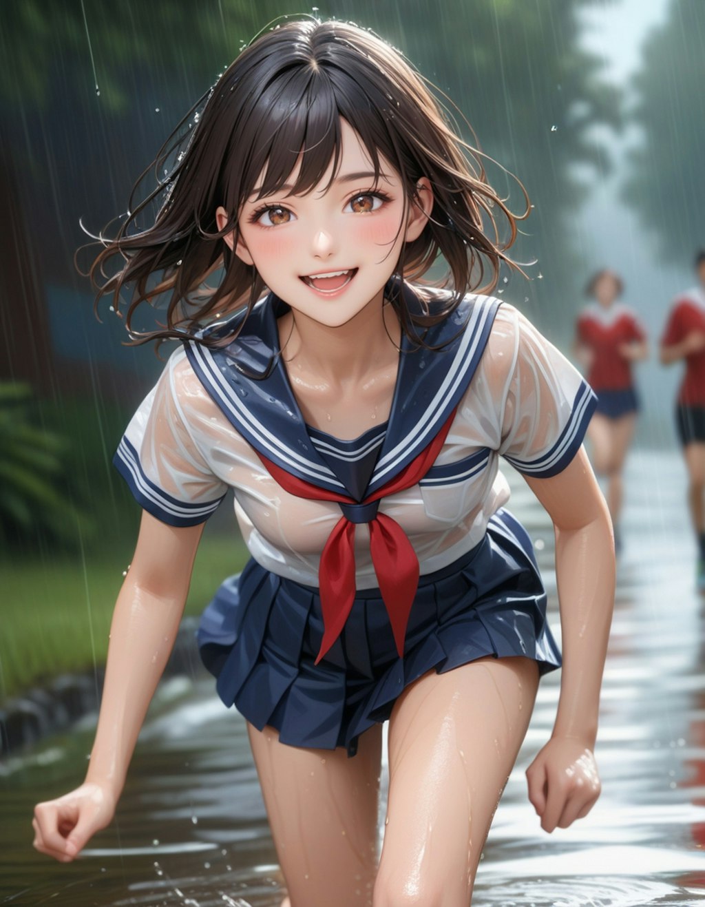 雨の中を走る少女