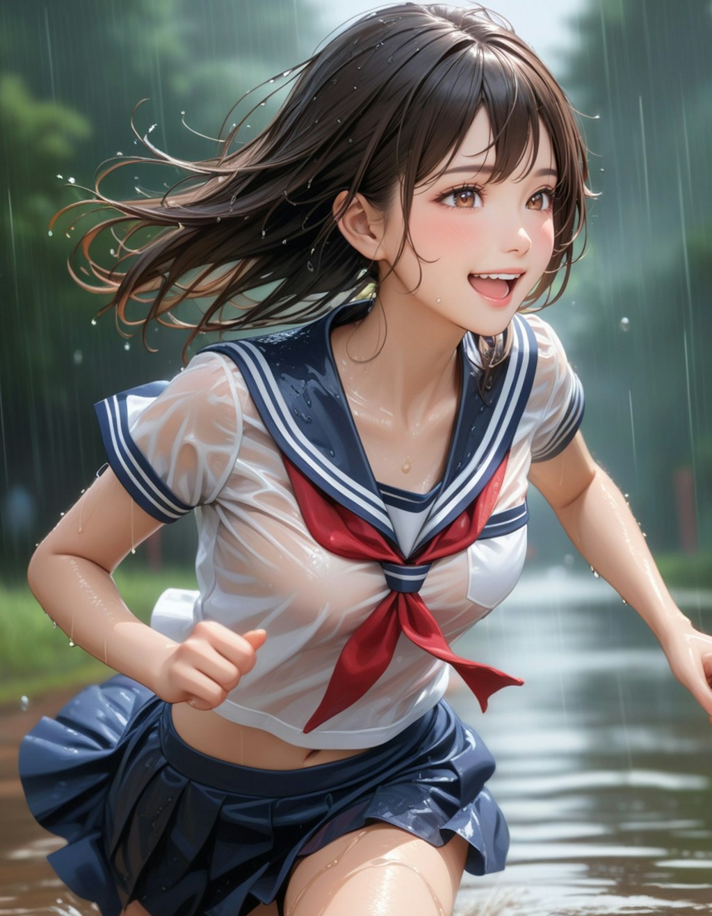 雨の中を走る少女