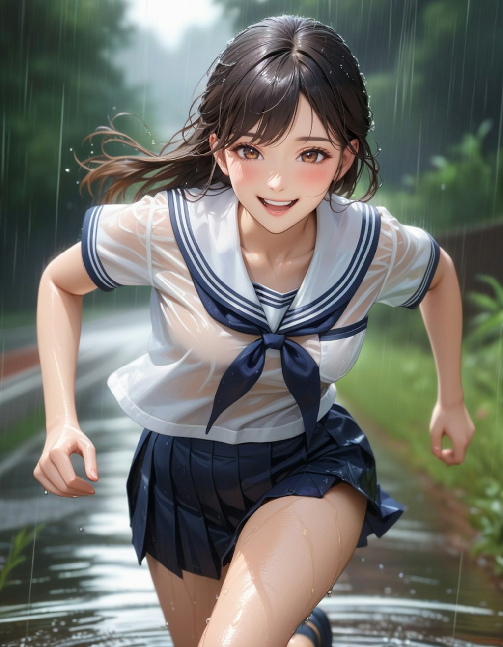 雨の中を走る少女