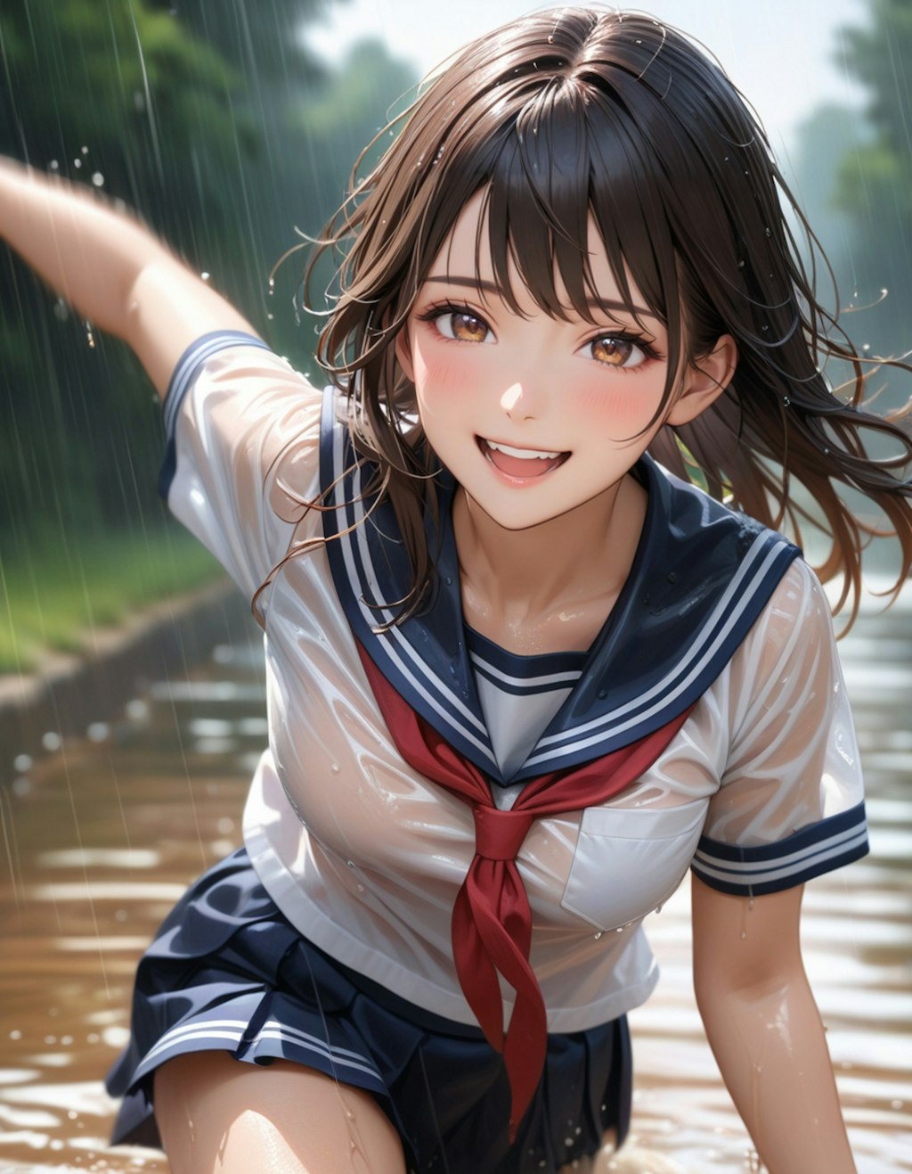 雨の中を走る少女